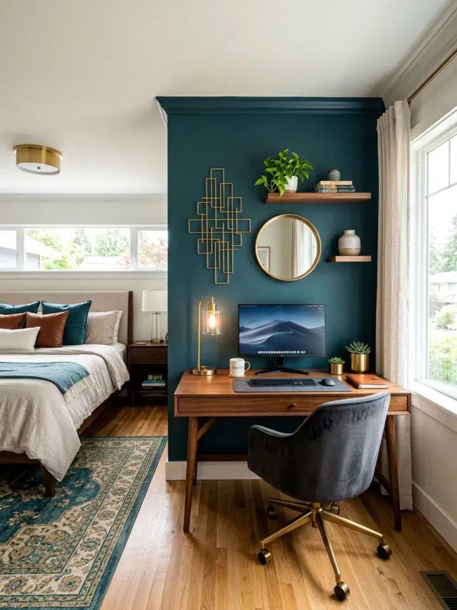 Bold accent wall behind a bedroom desk visually separating the home office zone