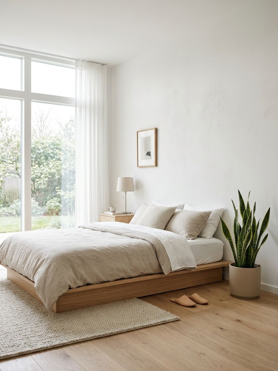 Minimalist bedroom with one low-maintenance succulent plant
