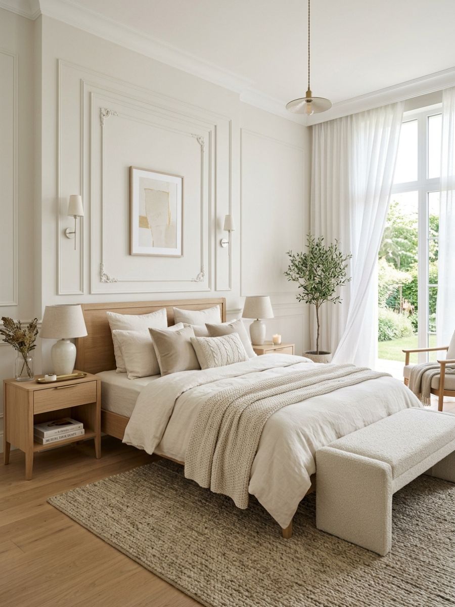 Light airy bedroom with delicate panel wall detailing and soft flowing textiles