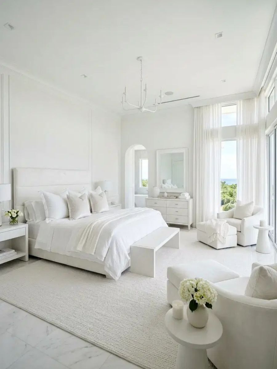 All-white master bedroom with spa-like atmosphere, floor-to-ceiling sheer curtains and chaise lounge