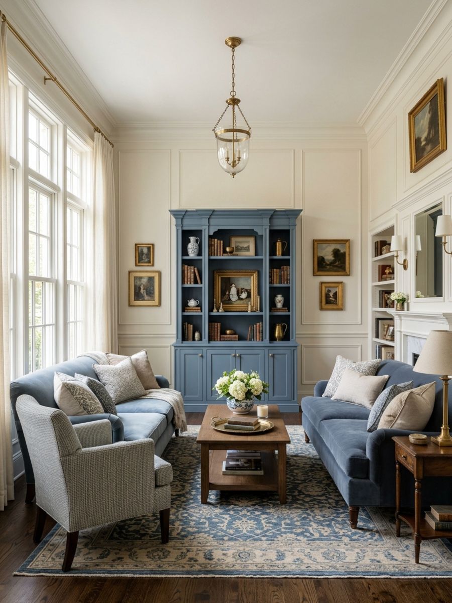elegant traditional living room with blue palette, heritage-style upholstery, and classic cabinetry