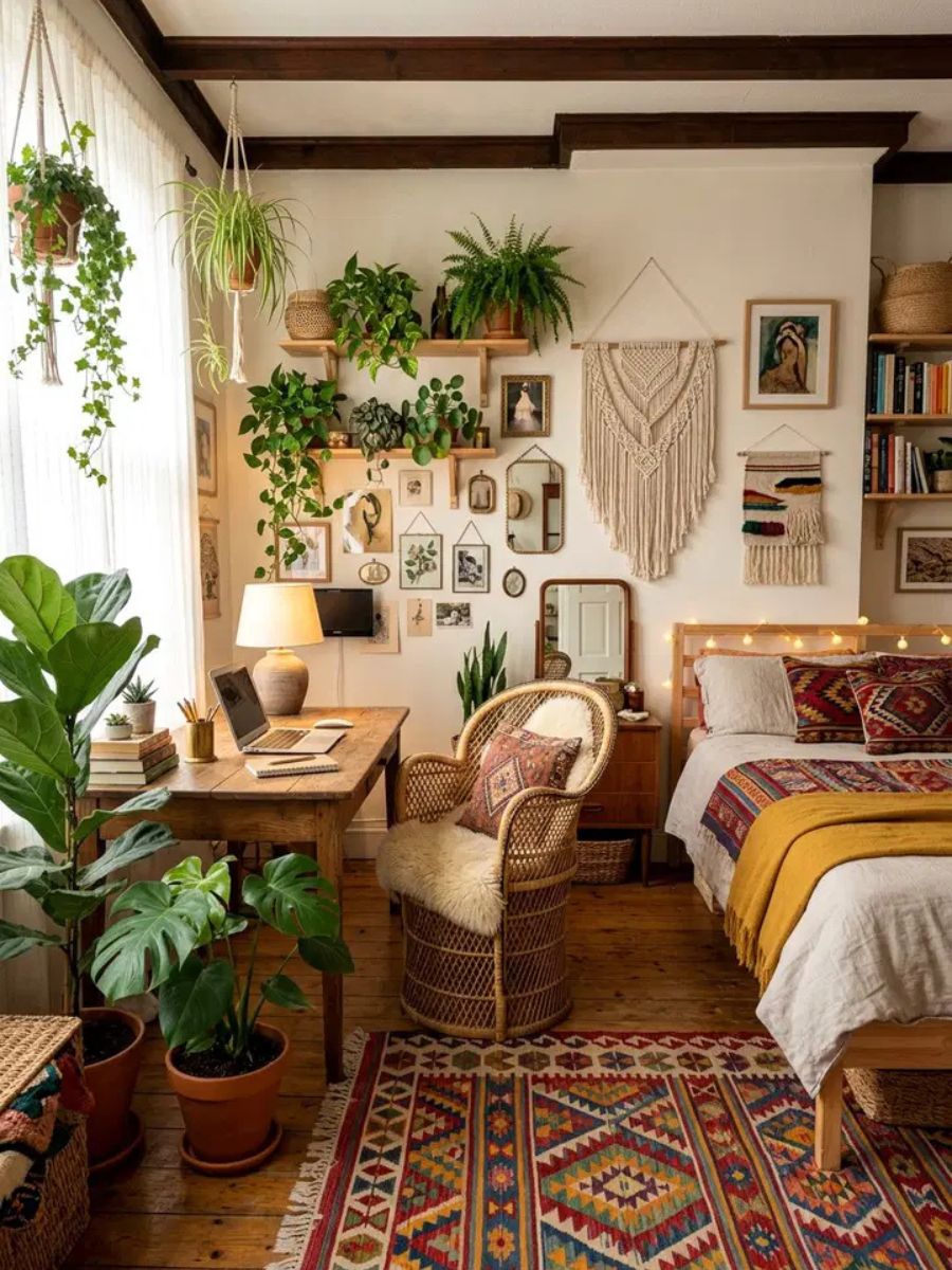 Bohemian style bedroom office with rattan chair plants and macrame wall hanging