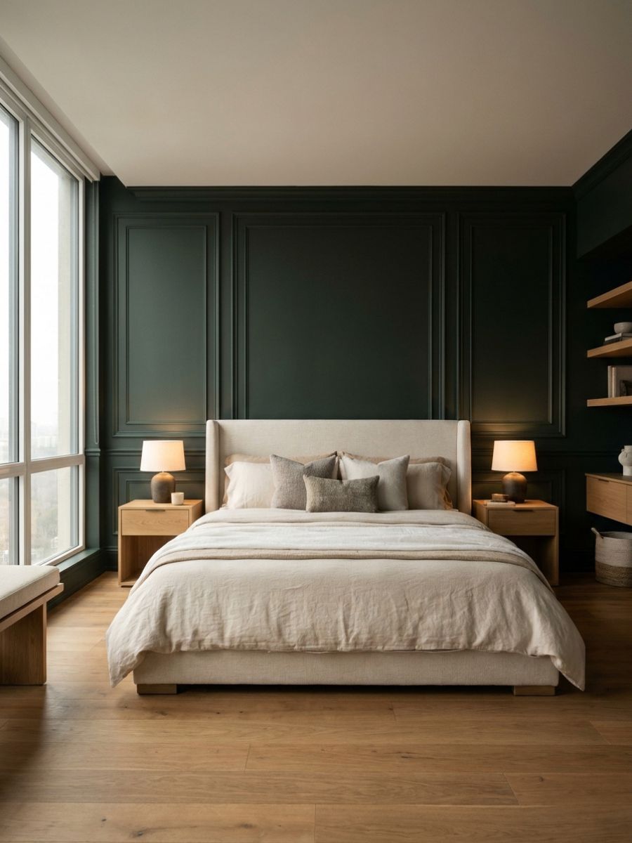 Deep green bedroom panel wall with lighter bedding and warm wood tones for a bold but cozy contrast