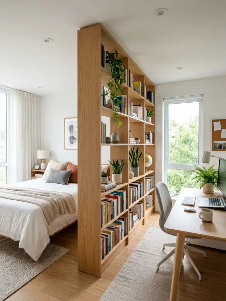 Open bookshelf used as a room divider between sleeping and working areas in a bedroom