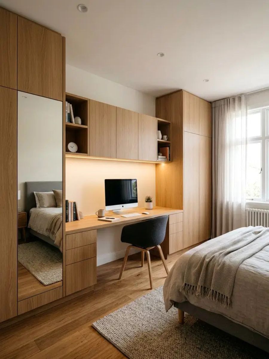 Built-in cabinetry bedroom office with integrated desk shelves and LED lighting