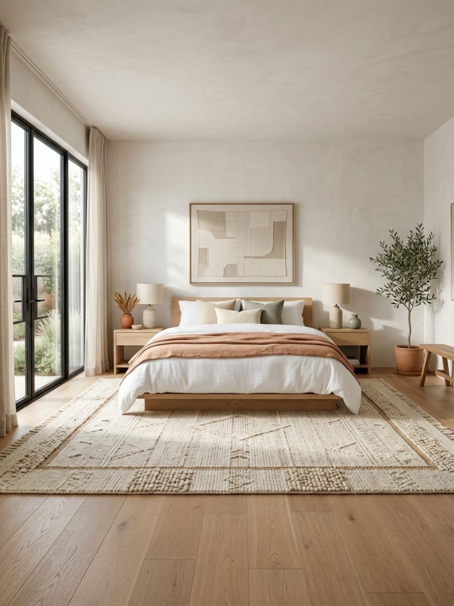Statement rug adding warmth and personality to a minimalist bedroom