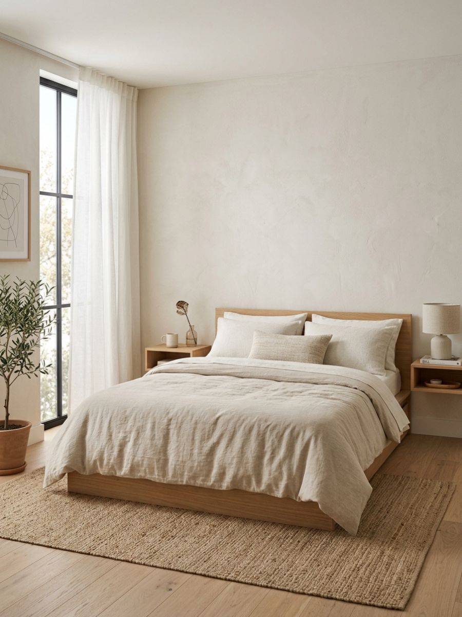 Clean simple bedding in cotton and linen for minimalist bedroom