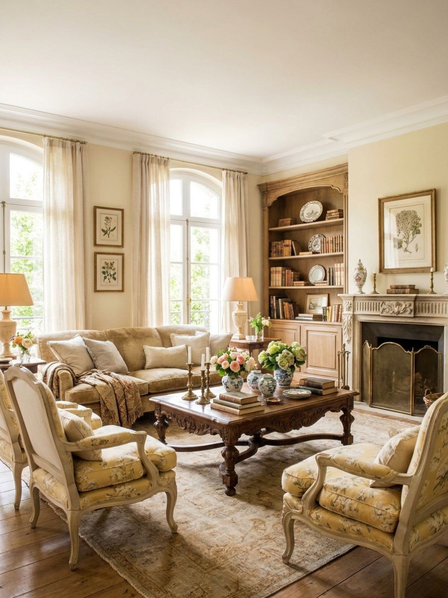 elegant traditional living room with floral upholstery, soft yellows, and antique layered decor