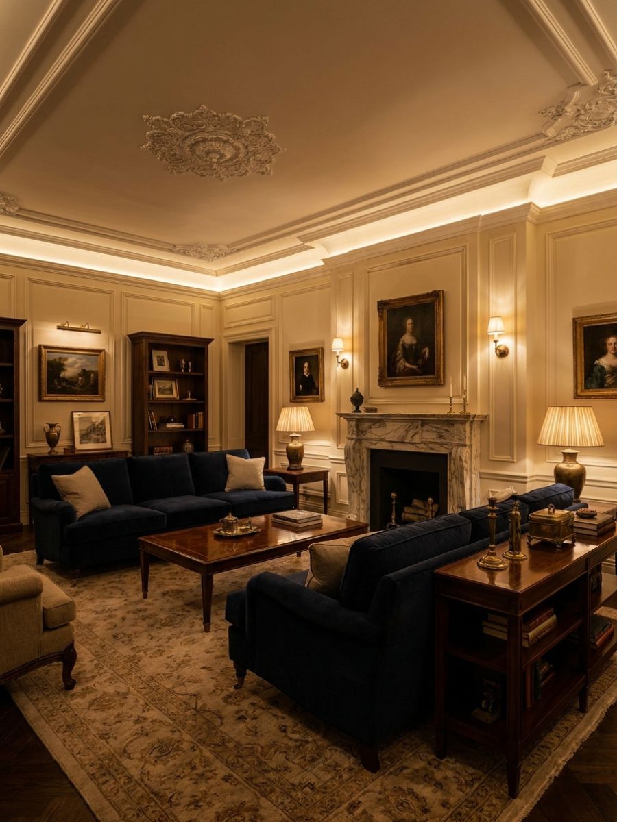 elegant living room with ornate ceiling molding, deep navy seating, and layered soft lighting
