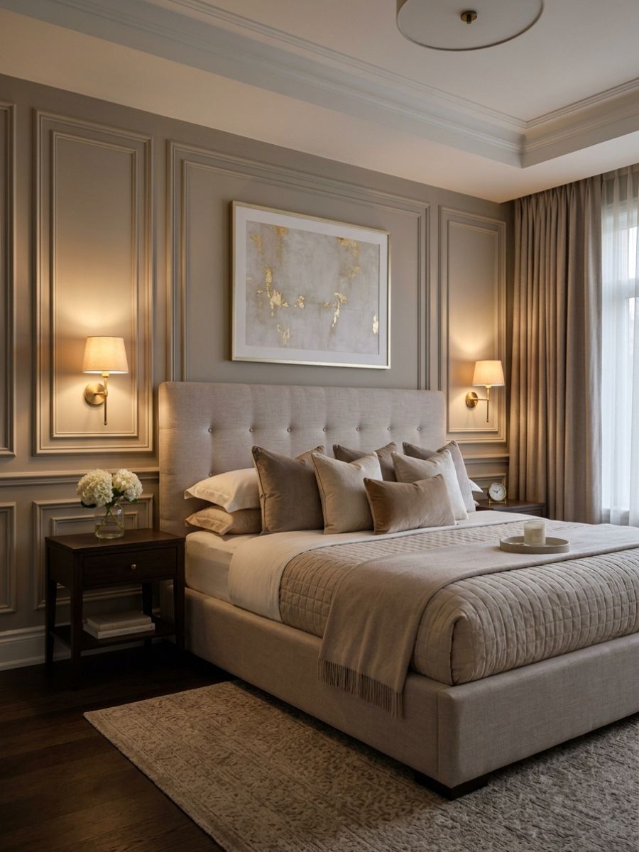 Classic taupe molding panel wall behind bedroom bed with warm wall sconces