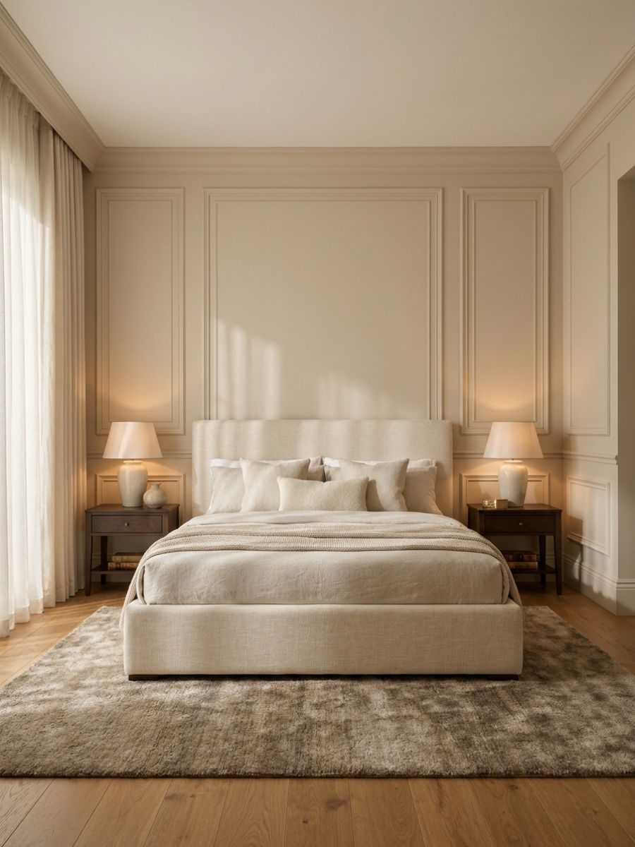 Traditional beige symmetrical panel molding wall in polished balanced bedroom