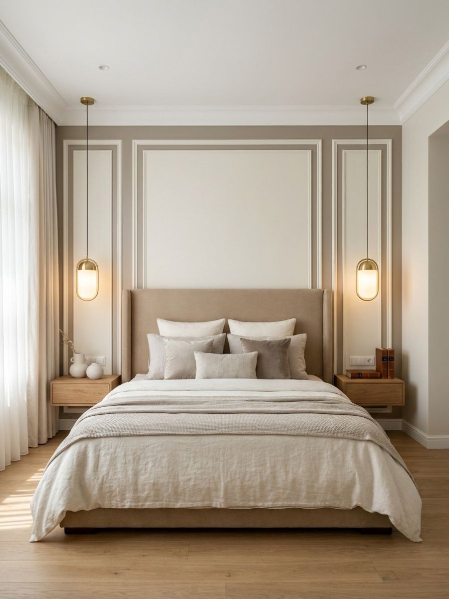 Perfectly polished symmetrical bedroom panel wall with elegant lighting and soft tones for a quiet luxury look