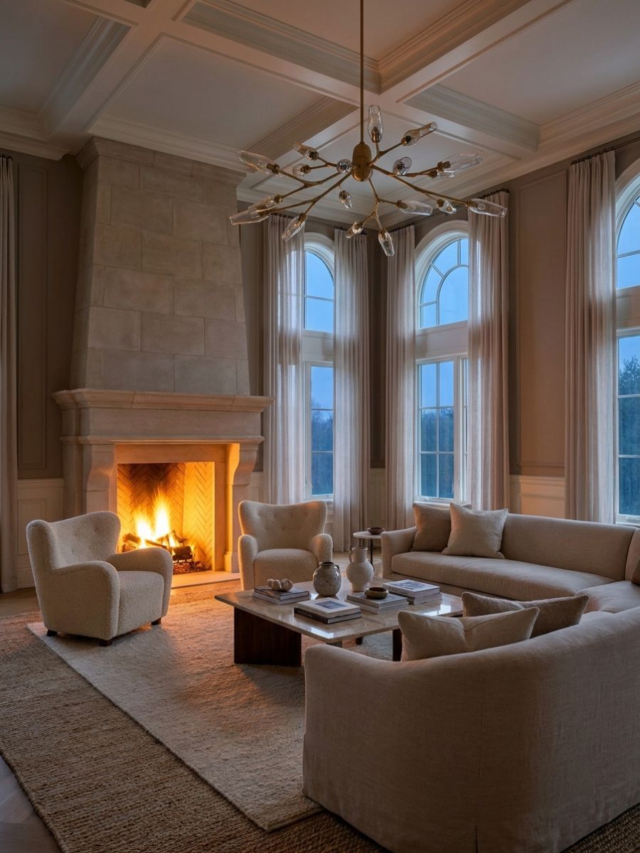 elegant living room with fireplace, symmetrical chairs, soft palette, and sculptural chandelier