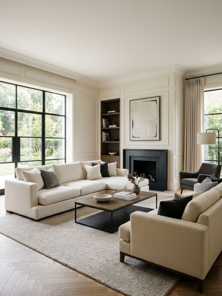 elegant minimal living room with soft upholstery, dark accent details, and clean structured layout