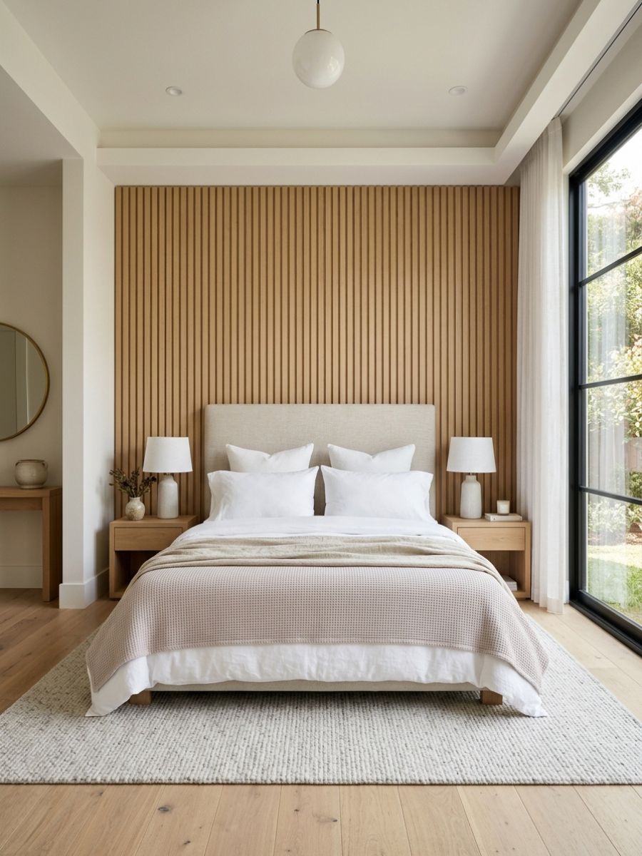 Bright airy bedroom with clean panel lines framing the bed wall