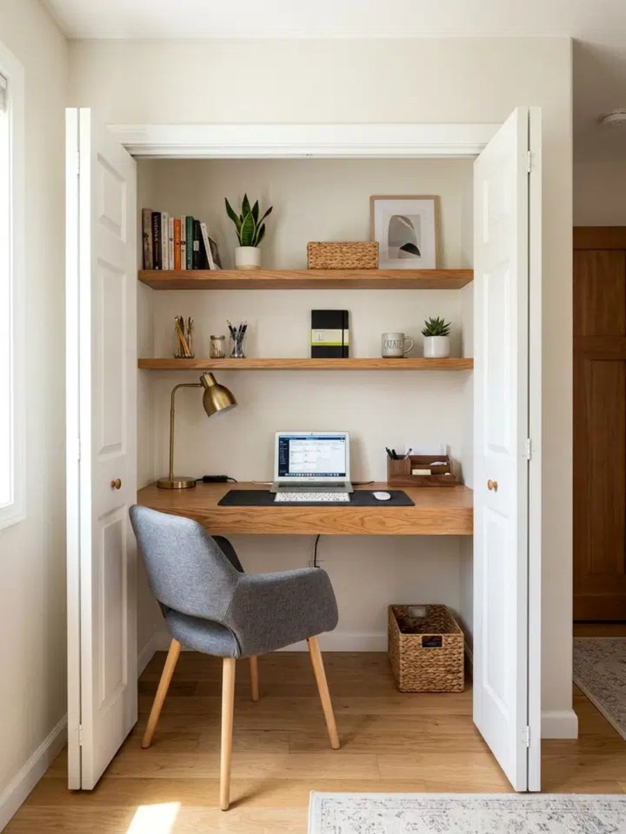 Closet converted into a hidden home office nook with floating shelves and a desk