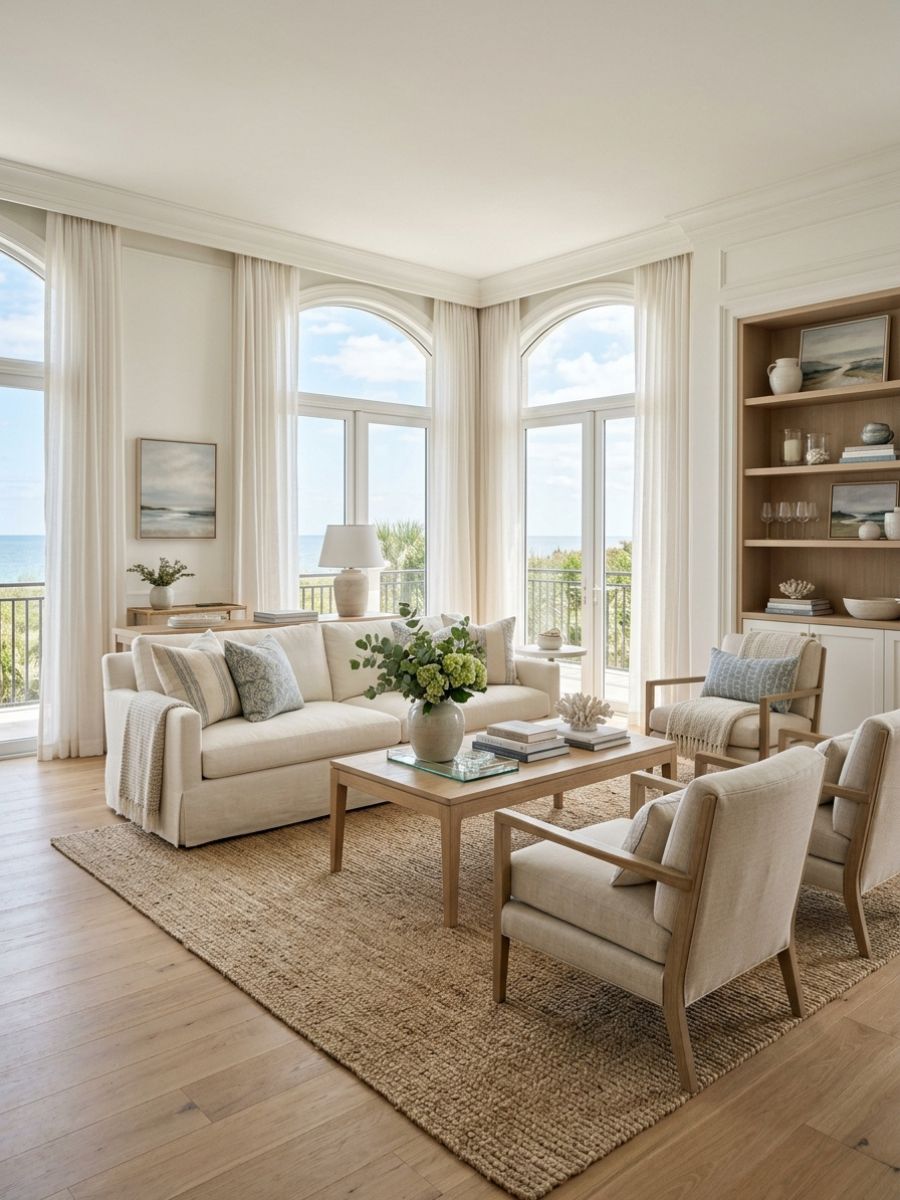 elegant living room with coastal-inspired artwork, patterned cushions, soft blues, and classic furniture