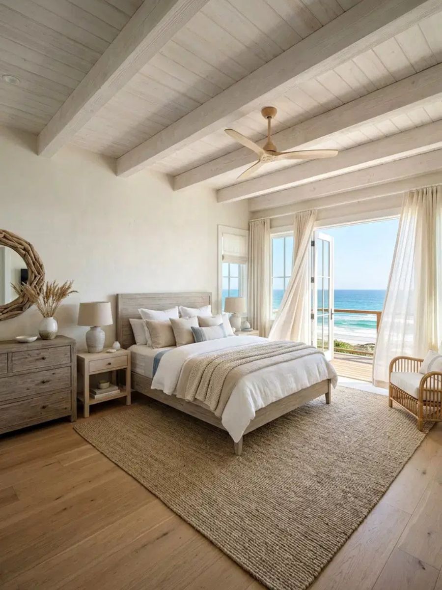 Coastal white bedroom with linen curtains, seagrass rug and natural wood furniture