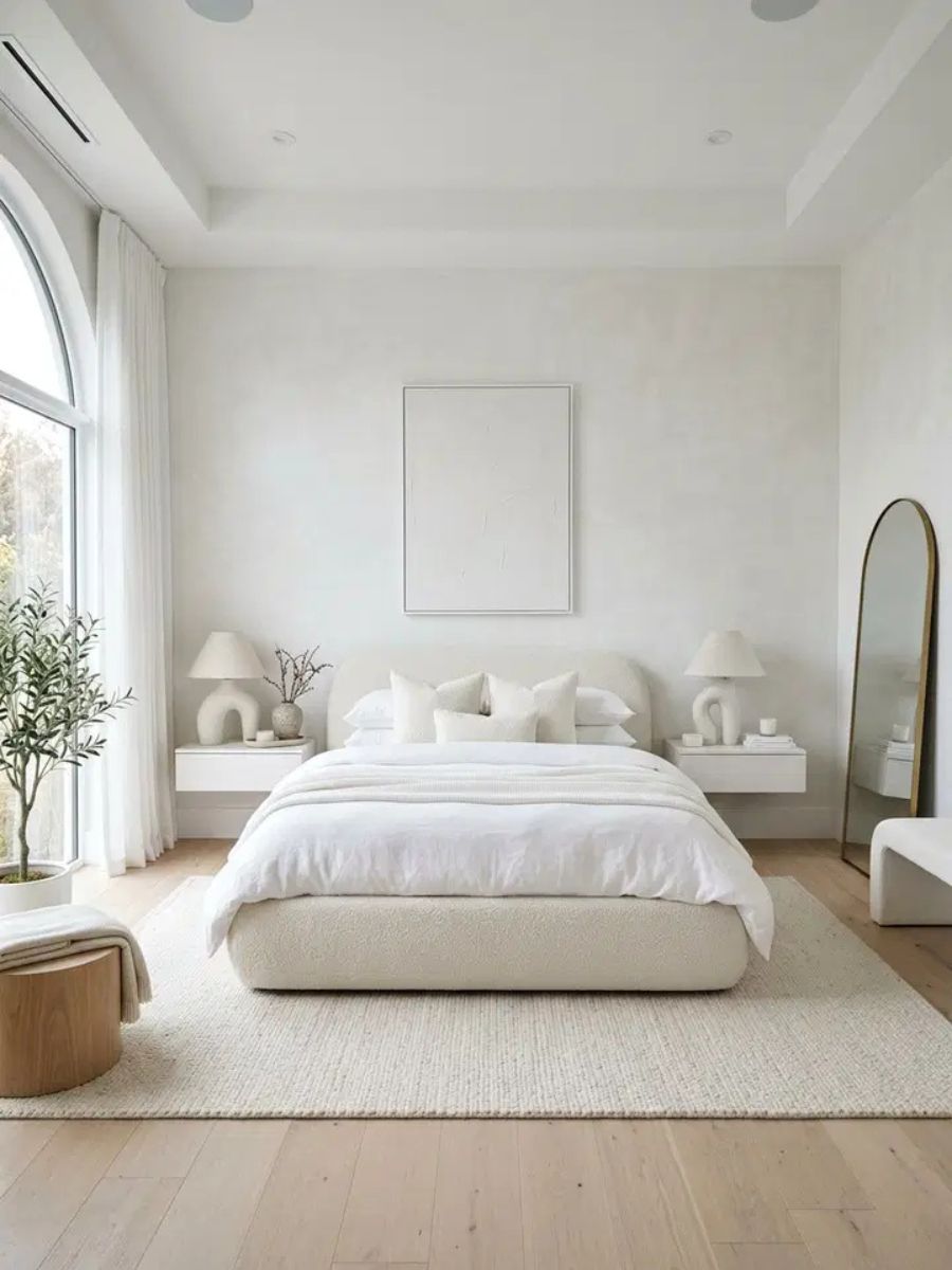 Contemporary white bedroom with curved boucle bed frame, limewash wall texture and sculptural lamp