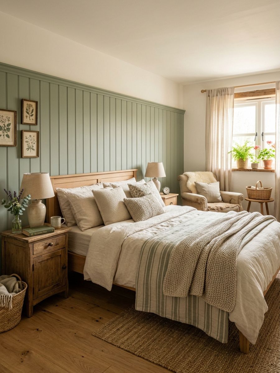 Sage toned cottage style bedroom panel wall with warm wood accents and a lived-in feel