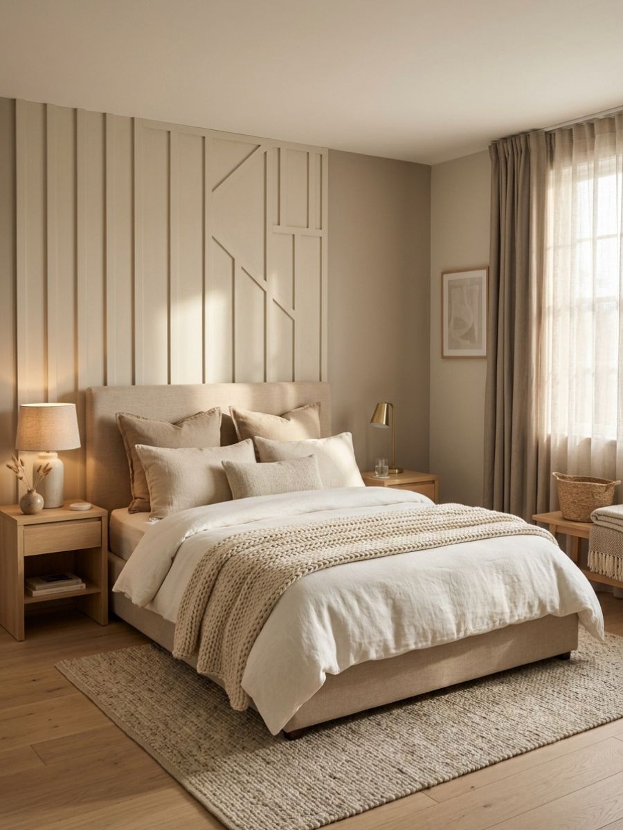 Neutral panel wall bedroom with chunky knit throw and layered soft furnishings