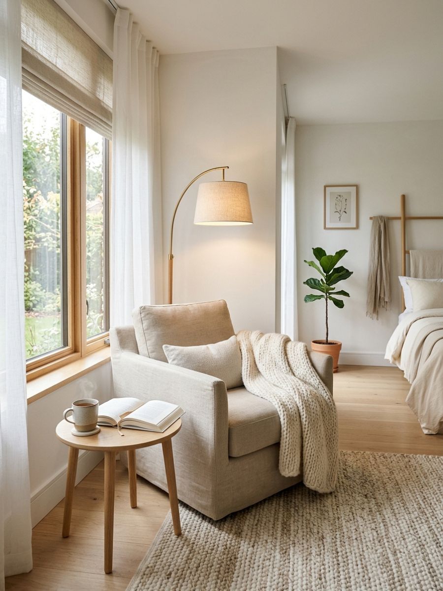 Cozy minimalist reading nook with comfortable chair and floor lamp