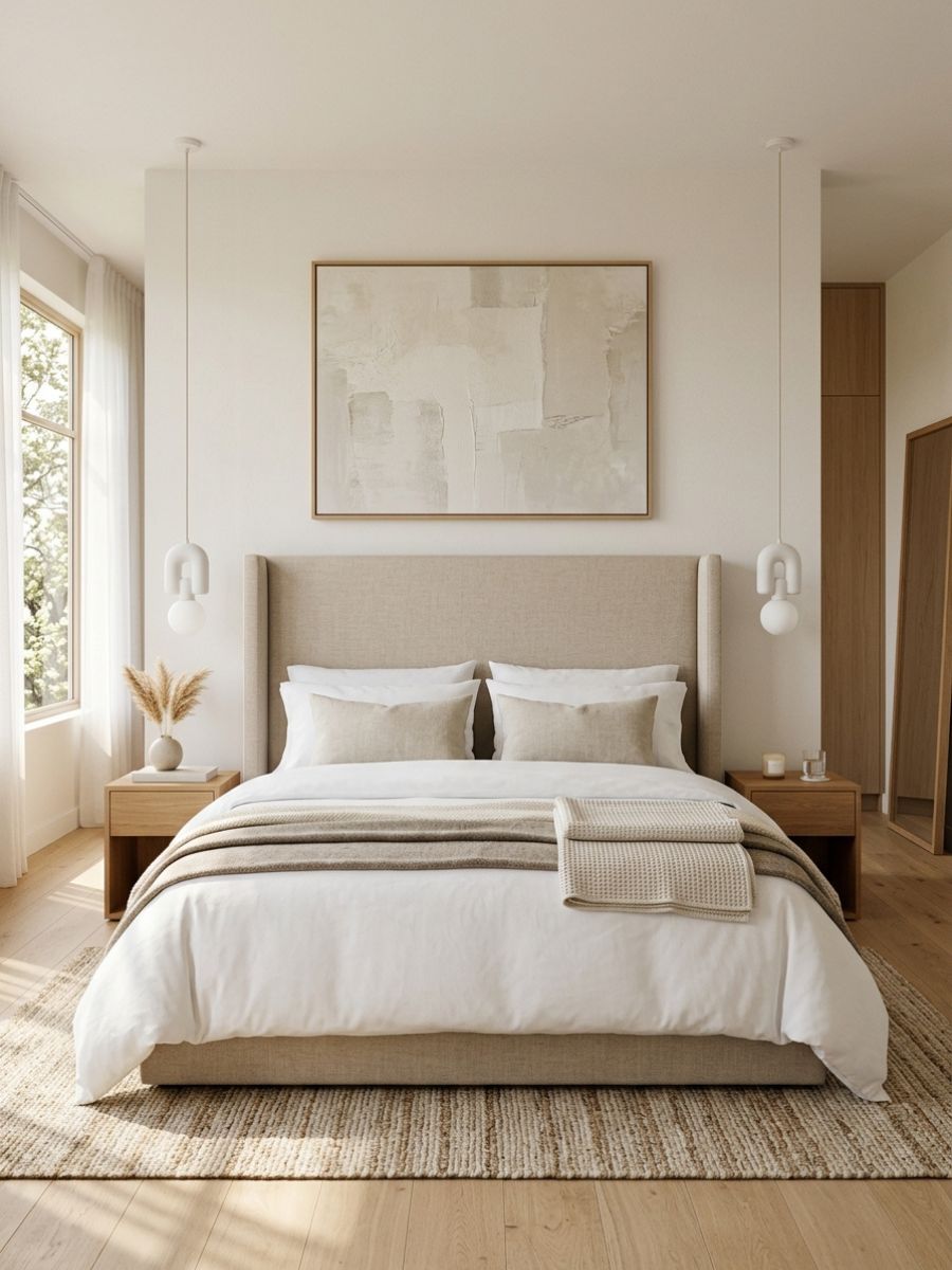 Bold headboard as a striking focal point in a minimalist bedroom