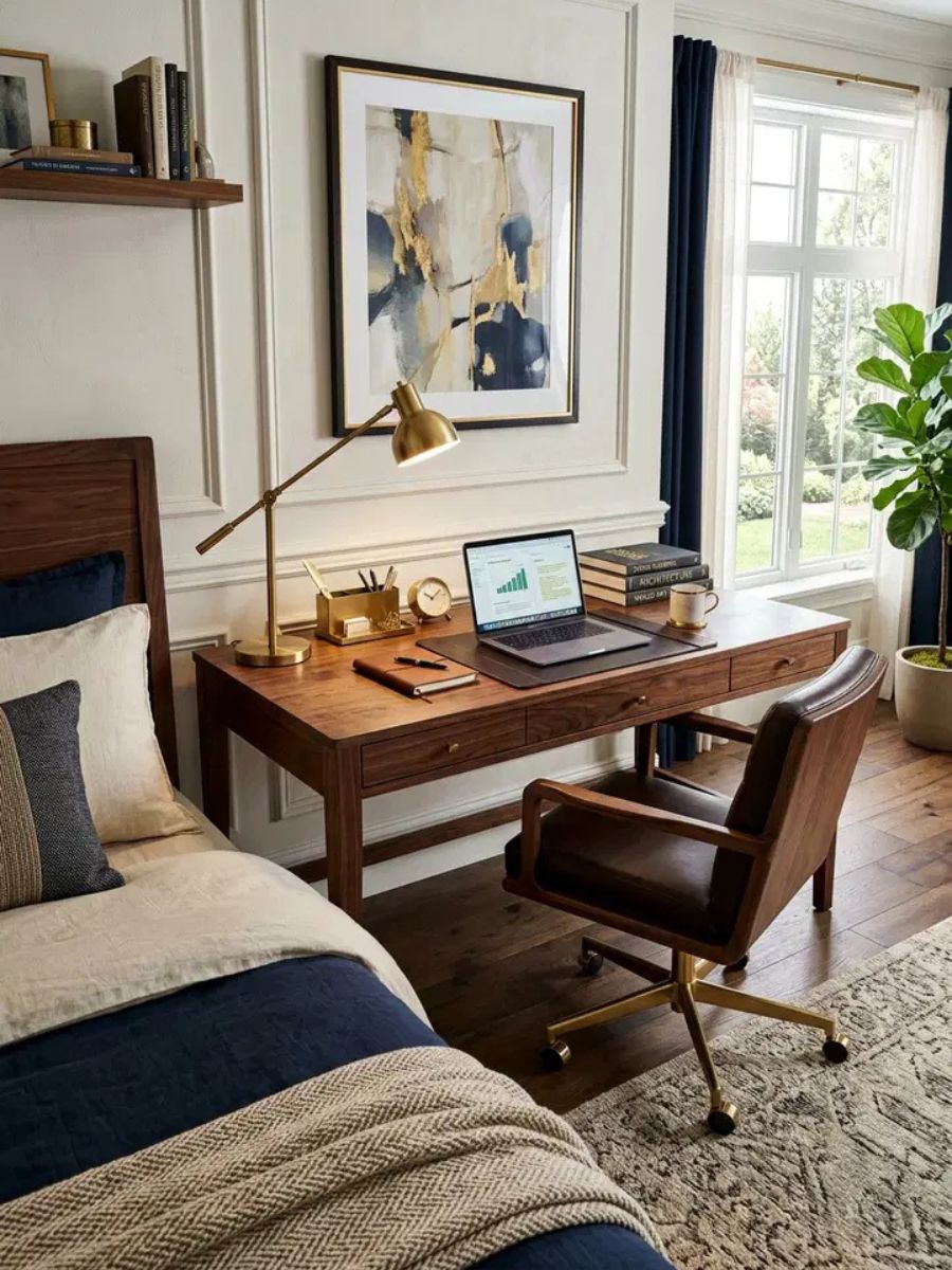 Dark wood bedroom desk in walnut or mahogany for an elegant sophisticated workspace