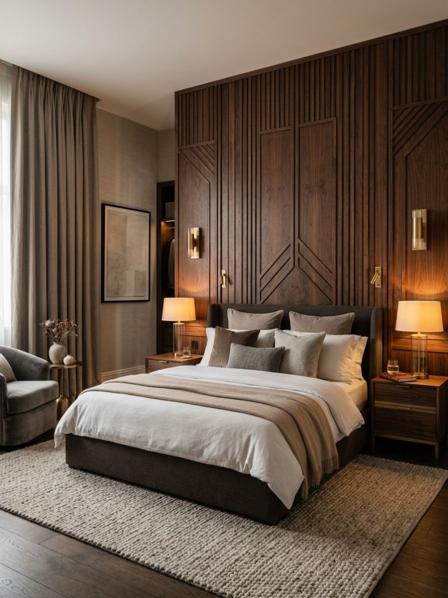 Rich dark brown bedroom panel wall with plush layered cushions for a cocoon-like effect