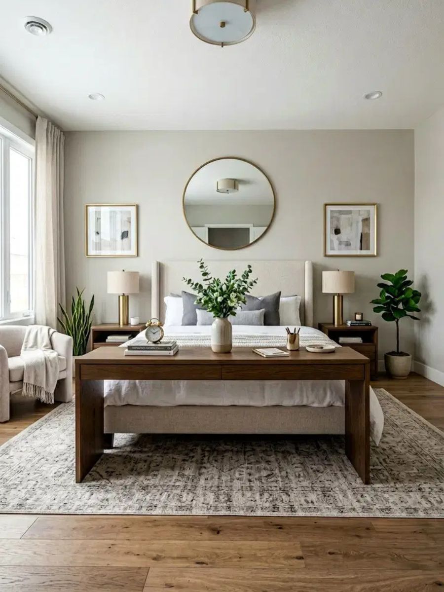 Long desk positioned behind the headboard of a bed as a bedroom office divider
