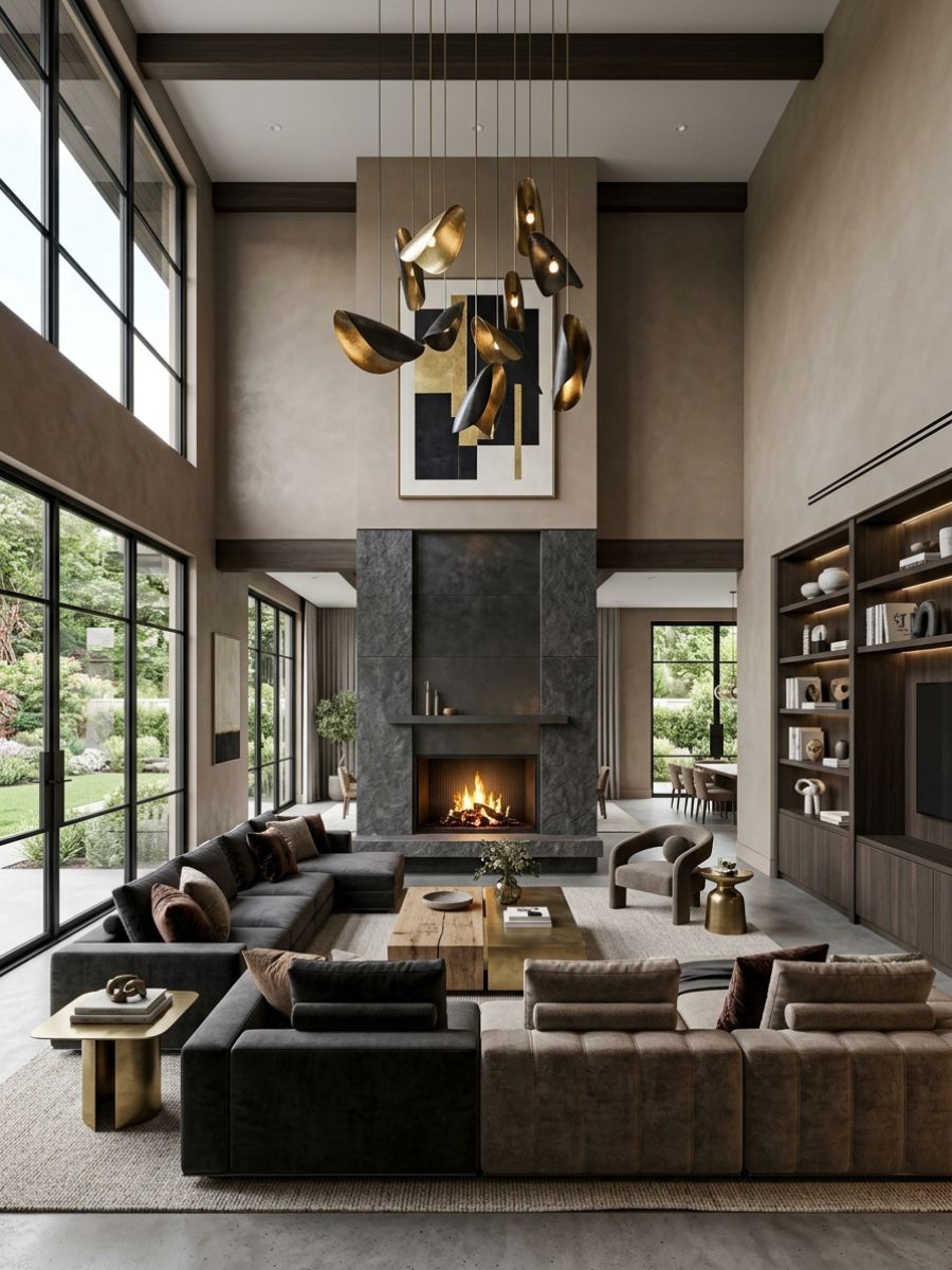 elegant living room with soaring ceilings, oversized fireplace, and sculptural pendant lights