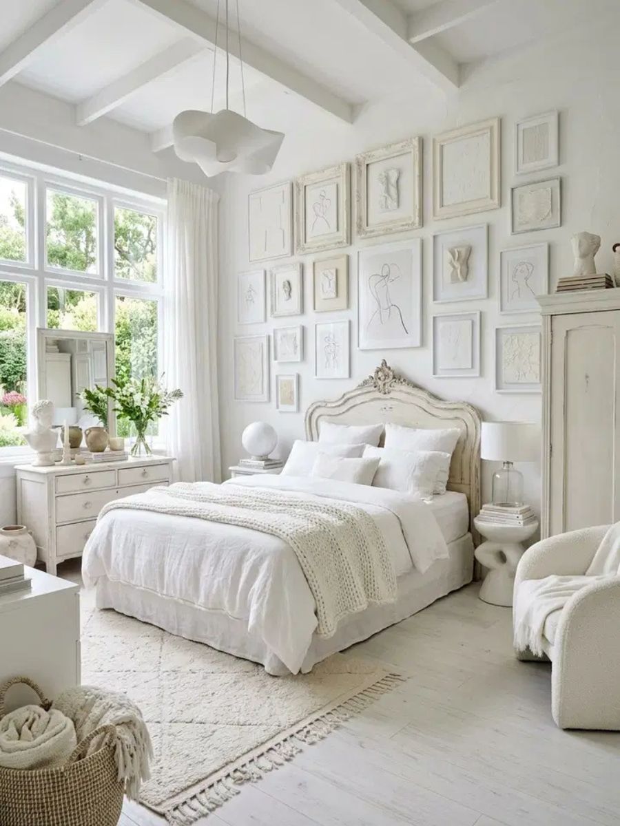 Eclectic white bedroom using white paint to unify furniture from different eras and styles