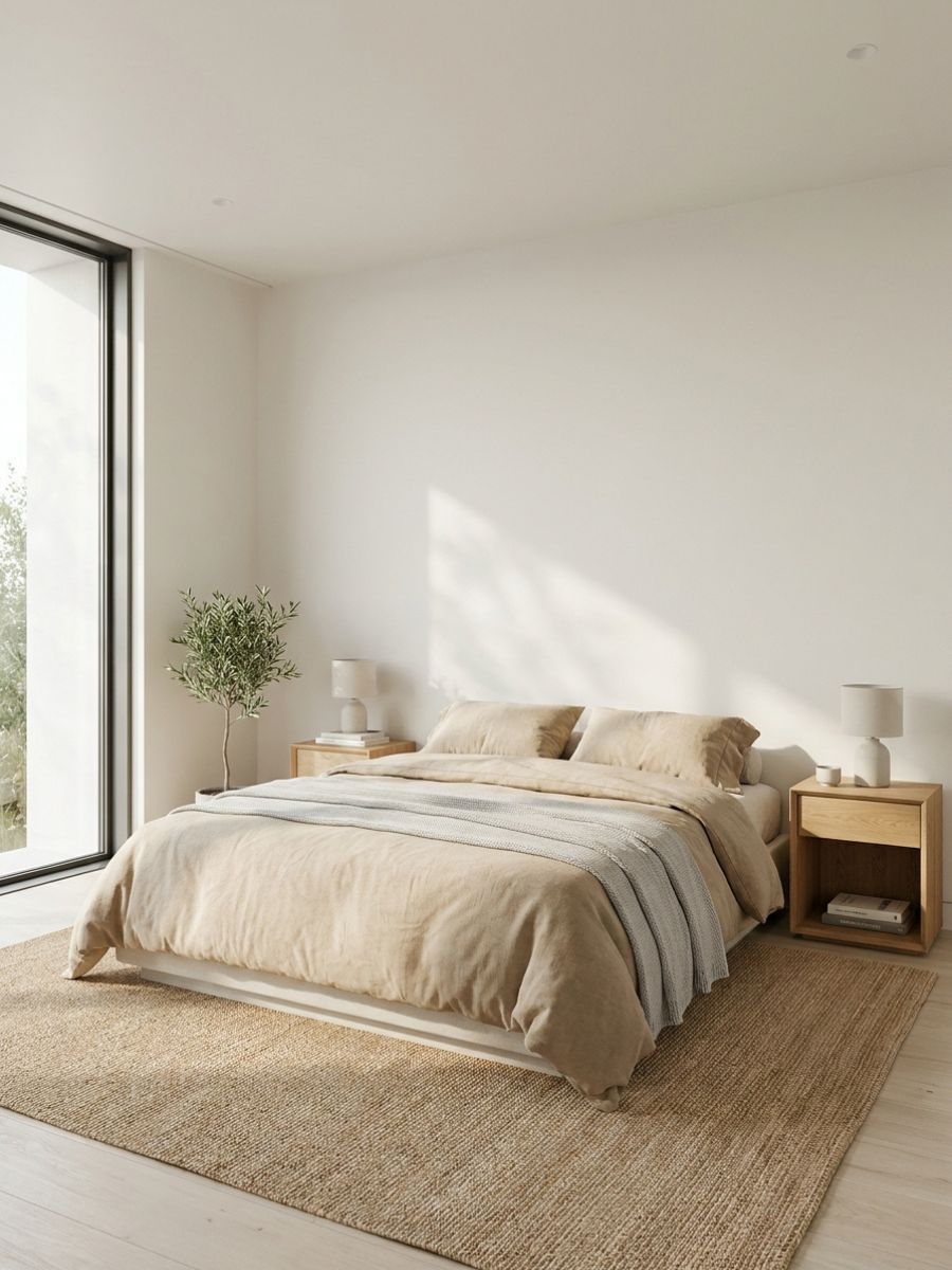 Calming neutral bedroom palette with soft whites and light grays