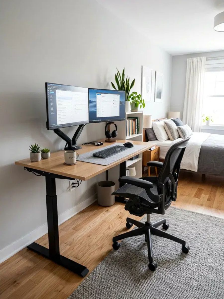 Ergonomic bedroom home office nook with adjustable chair and monitor arm