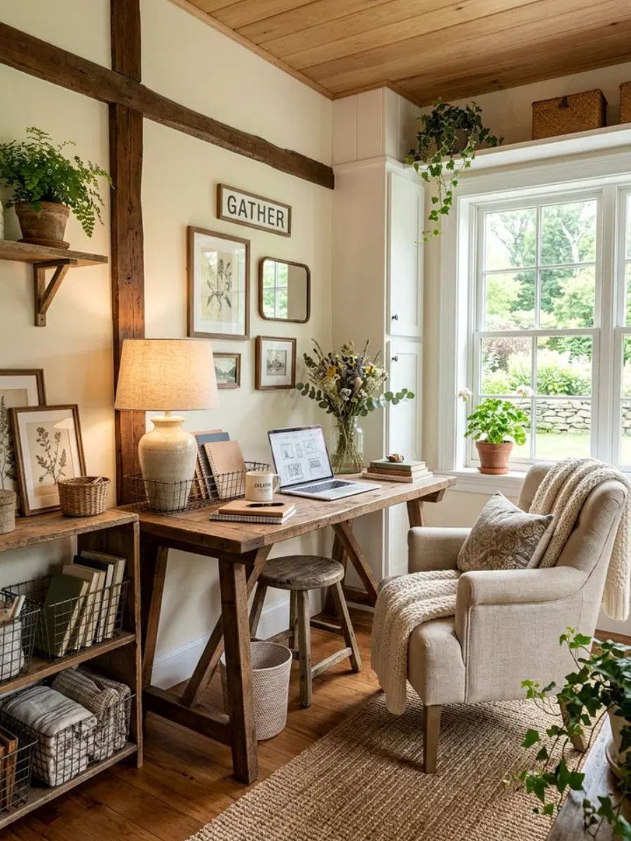 Farmhouse style bedroom workspace with distressed wood desk and cozy country decor