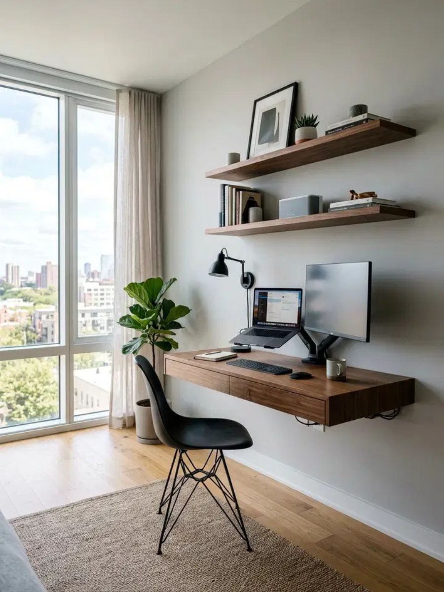 Floating wall-mounted desk in a modern bedroom creating an airy minimal workspace