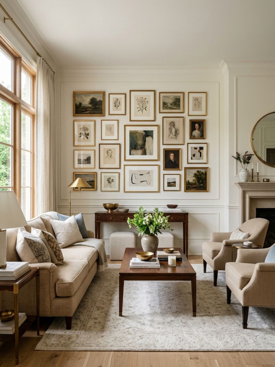 elegant living room with gallery wall, gold frames, light tones, and tailored traditional furniture