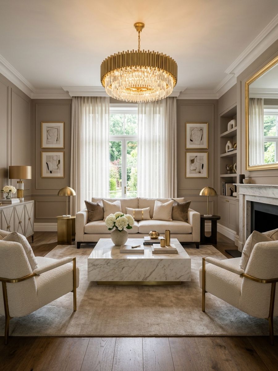 elegant living room with gold accents, warm metallic palette, and neutral seating