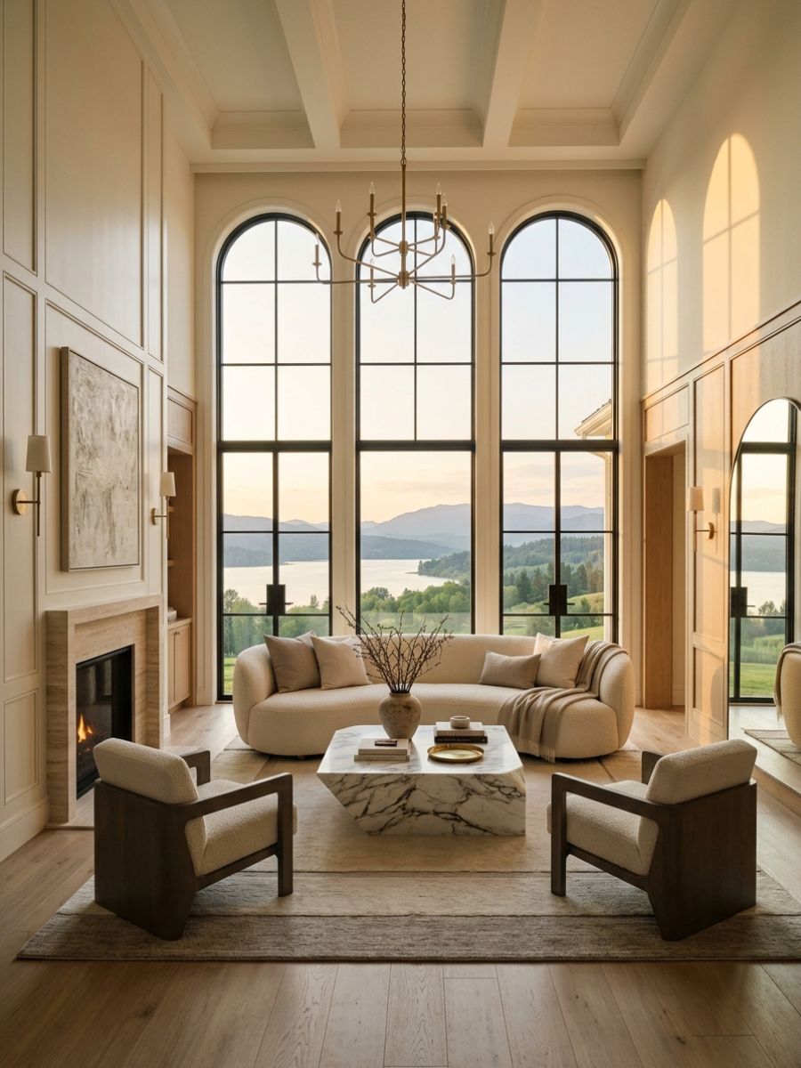 elegant living room with tall arched windows, soft ivory palette, warm metallics, and deep accent seating