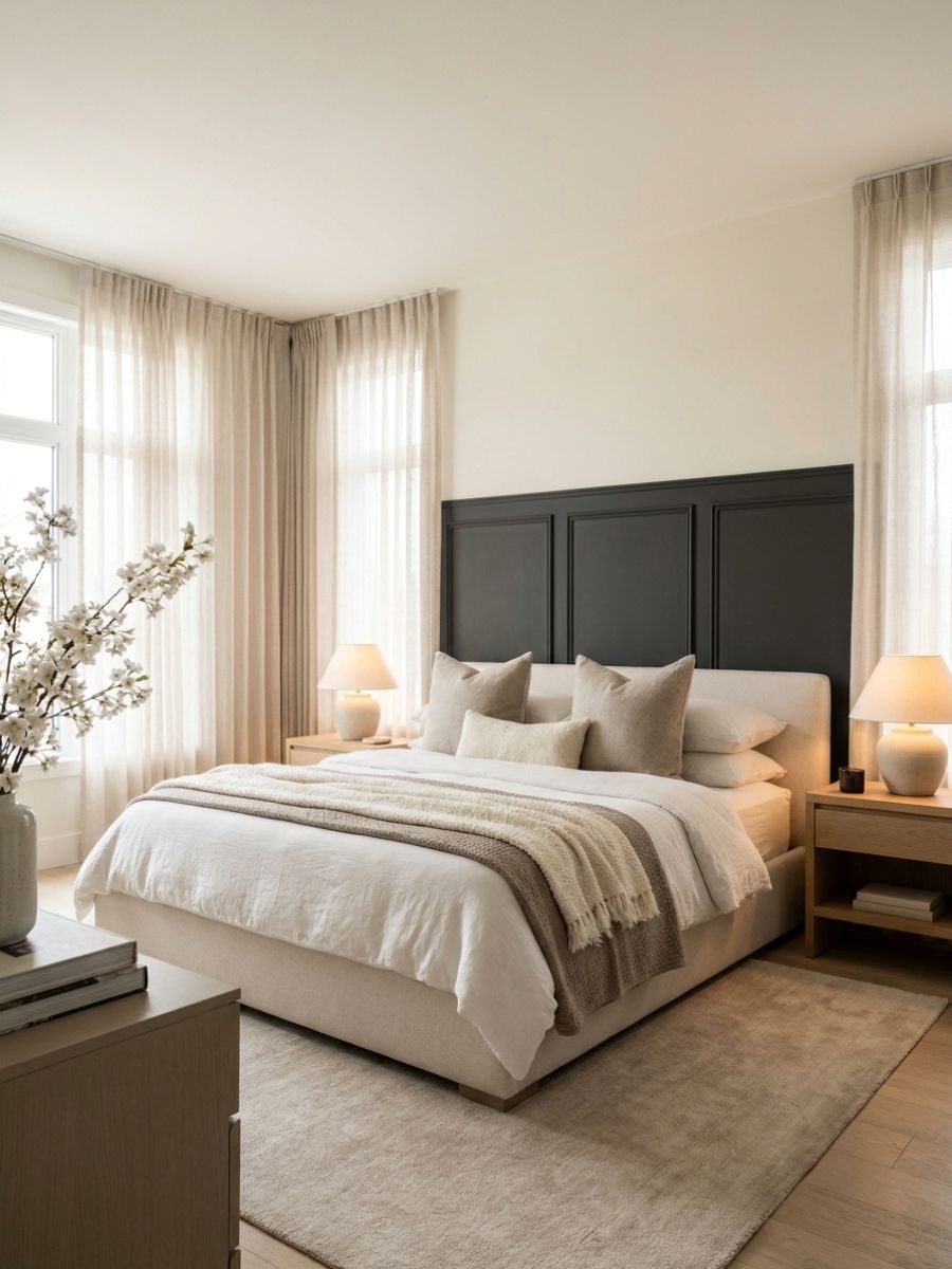 Darker half-panel wall below lighter upper wall creating designer contrast in a bedroom