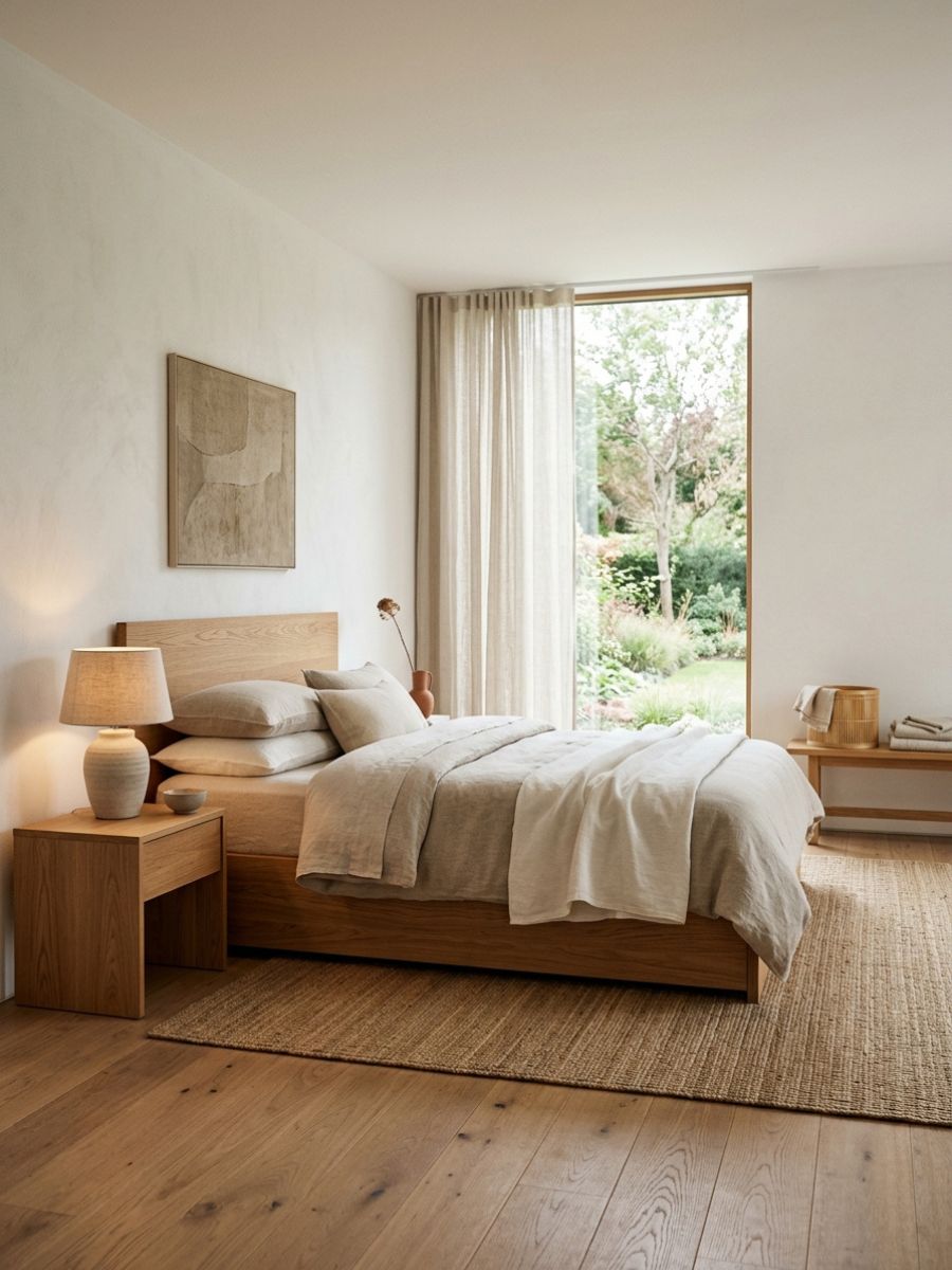 Natural wood and bamboo materials in a minimalist bedroom