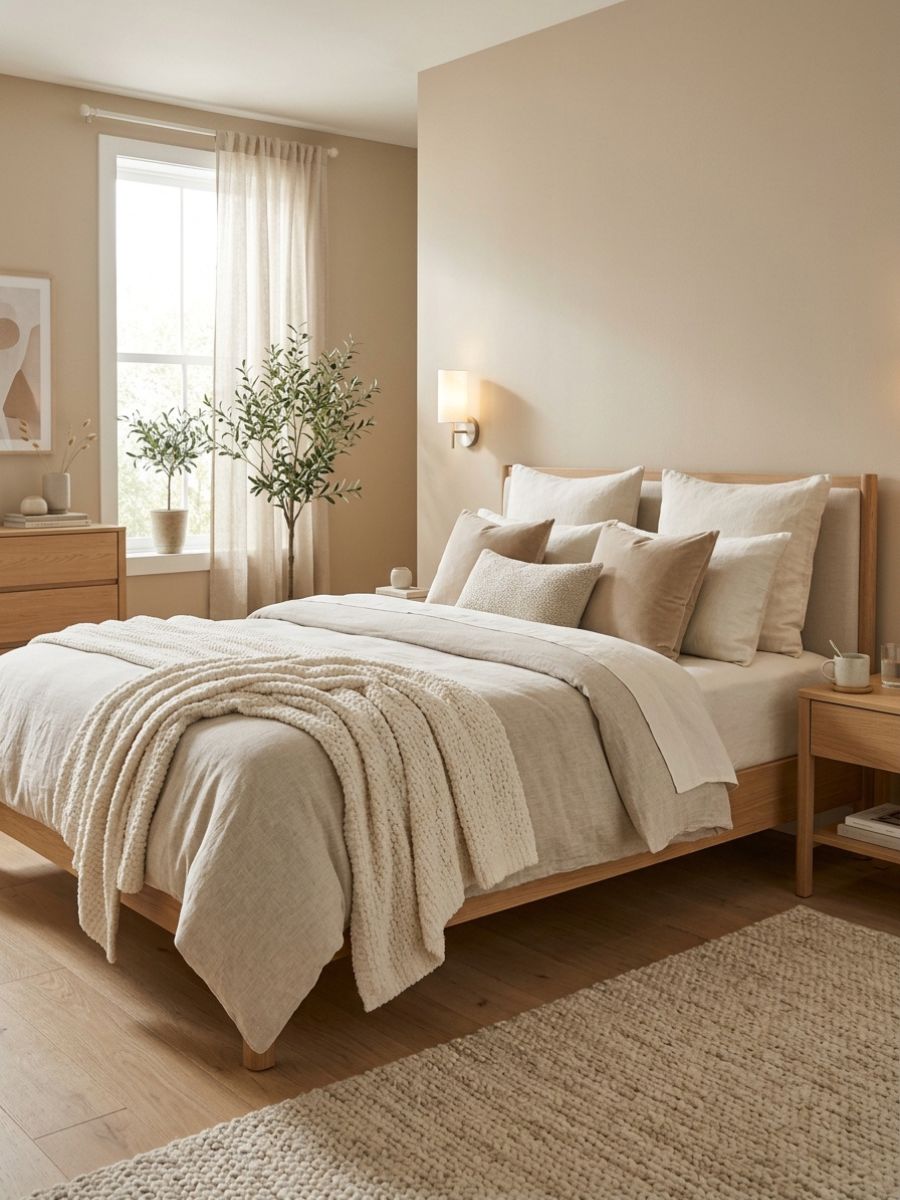Cozy soft textures including throw blankets and woven rugs in minimalist bedroom