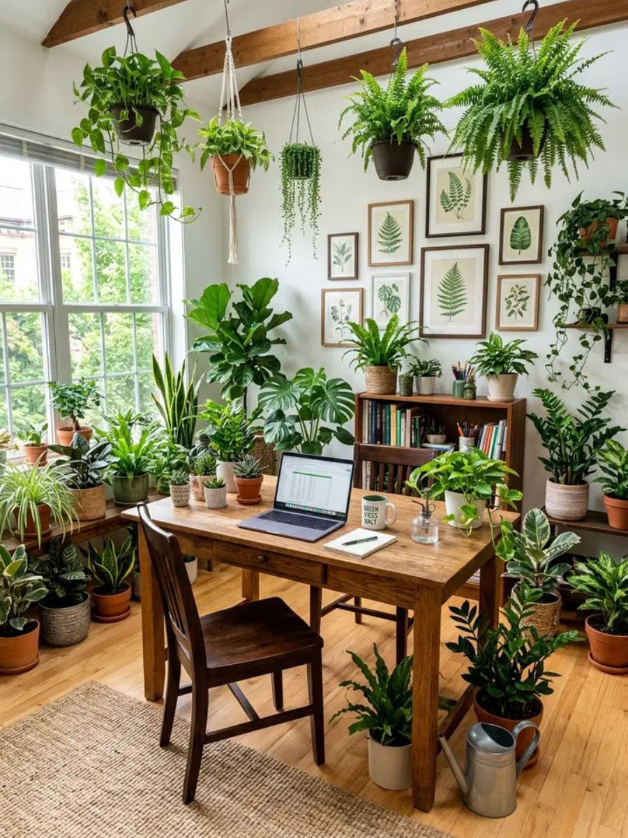 Bedroom office surrounded by indoor plants creating a fresh green workspace