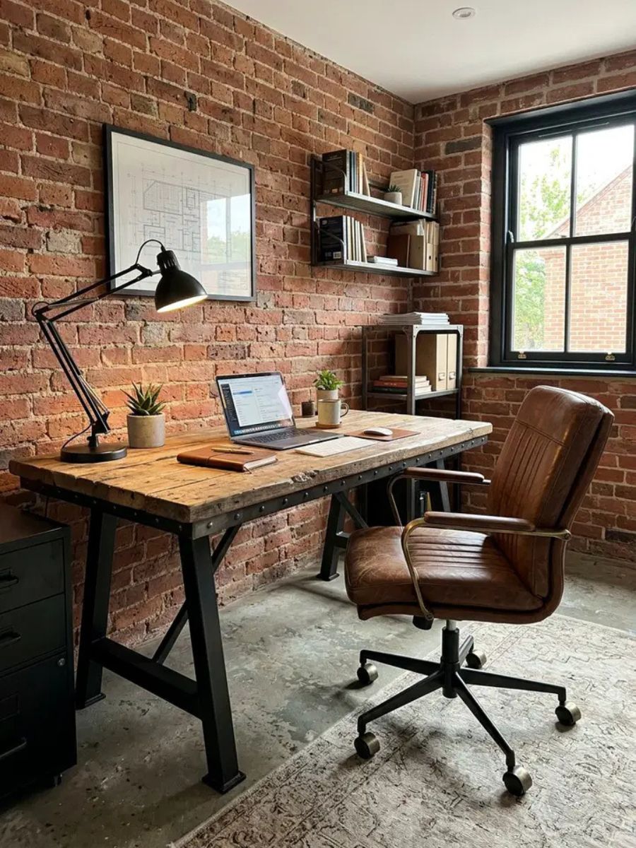 Industrial style bedroom desk with reclaimed wood top and black metal legs