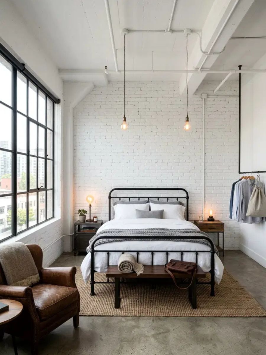 Industrial white bedroom with exposed brick wall painted white, metal bed frame and Edison bulb lighting