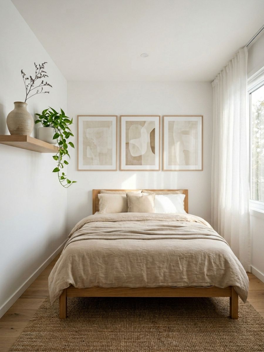 Simple minimalist bedroom decor with one statement plant
