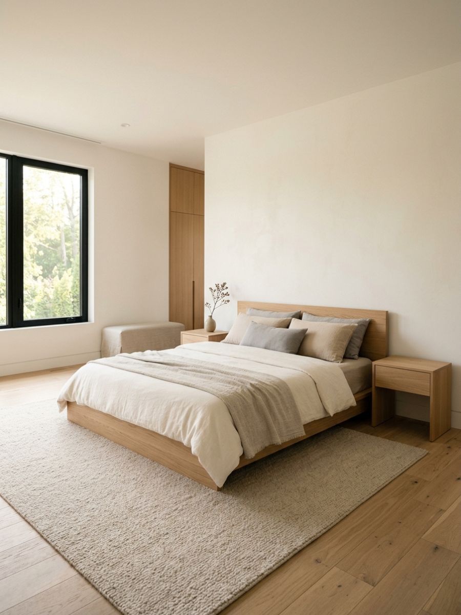 Concealed technology and cable management in a minimalist bedroom
