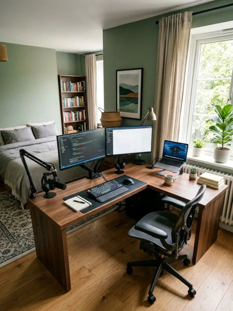 L-shaped corner desk in a bedroom providing ample workspace in a small room