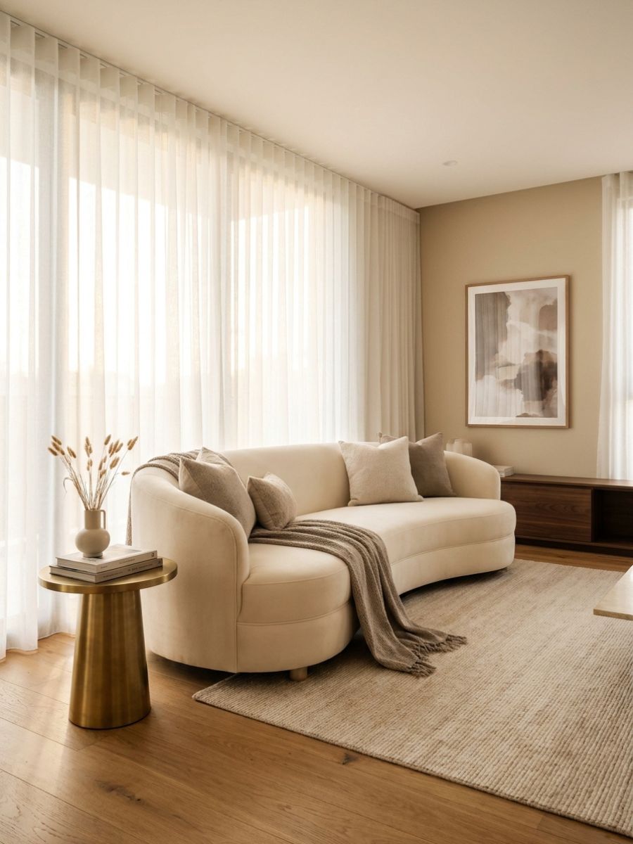 elegant living room with sheer drapery, soft upholstery, and brass side table accents