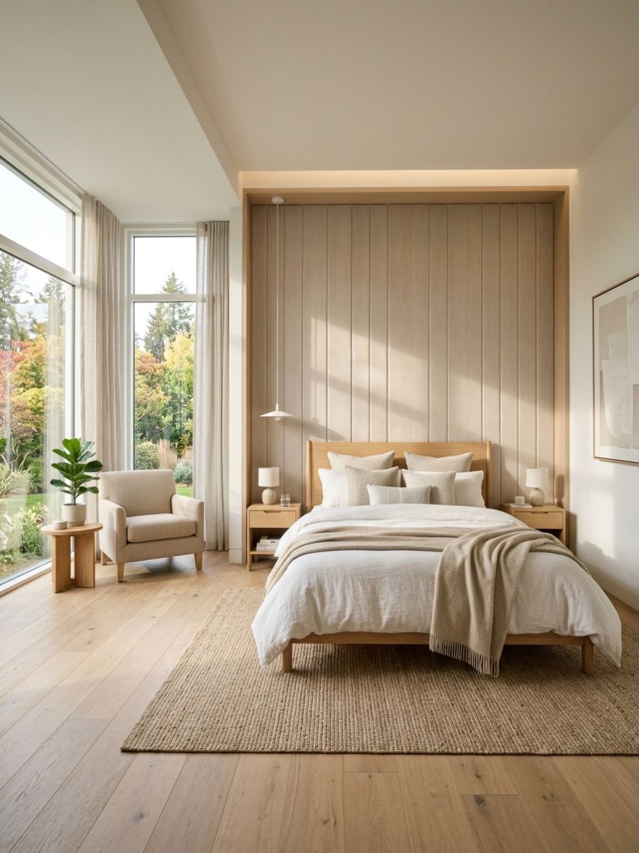 Natural light filled bedroom with soft panel wall detailing for a fresh and peaceful atmosphere